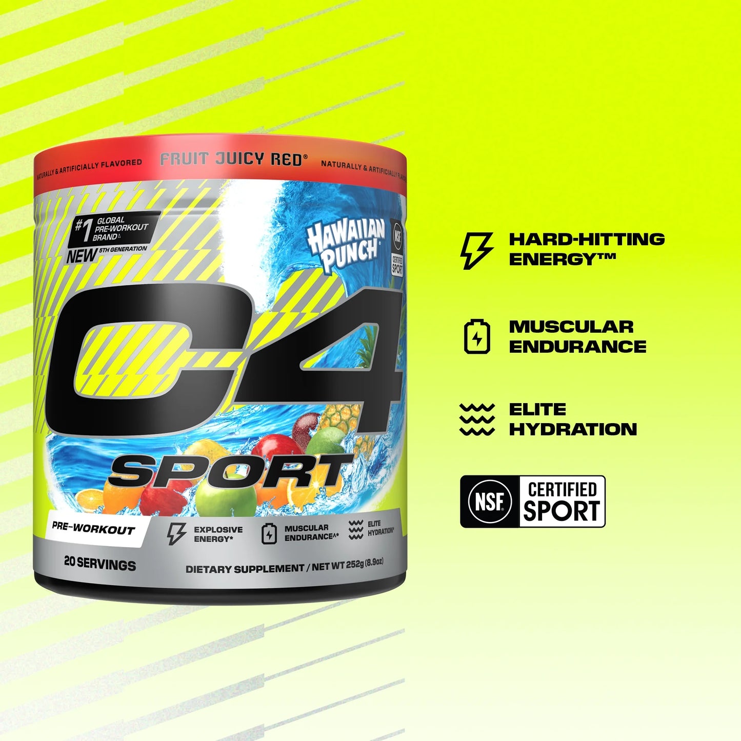 C4 Sport Pre-Workout Powder, Hawaiian Punch® Fruit Juicy Red®, 20 Servings
